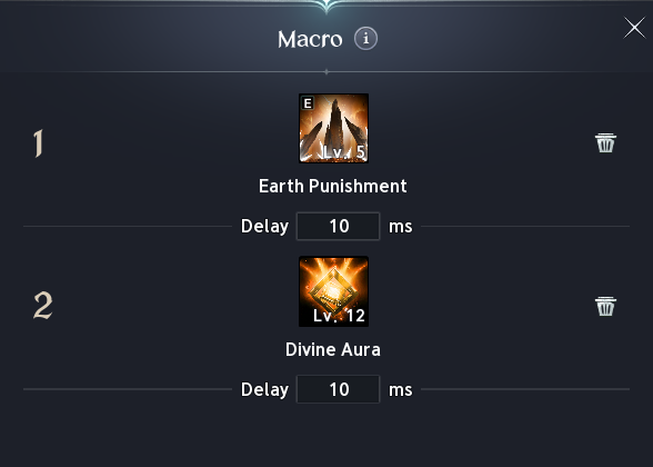 Exemplo de macro com Earth Punishment e Divine Aura; intervalo de 10 ms