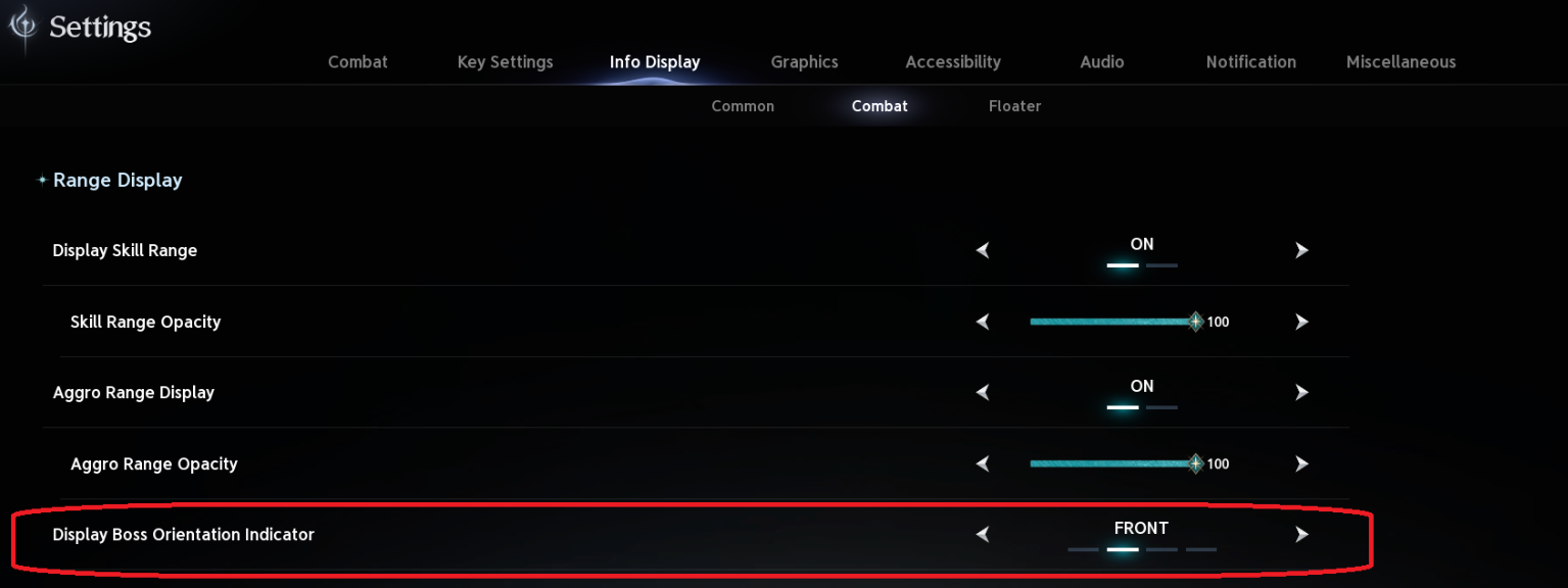 Info Display → Combat: alcance e indicador frontal do chefe