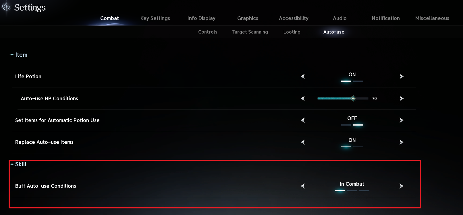 Combat → Auto-use: poções e uso de buffs em combate